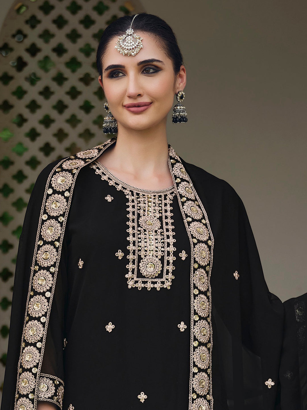 Alluring Black Embroidered Georgette Palazzo Suit With Dupatta