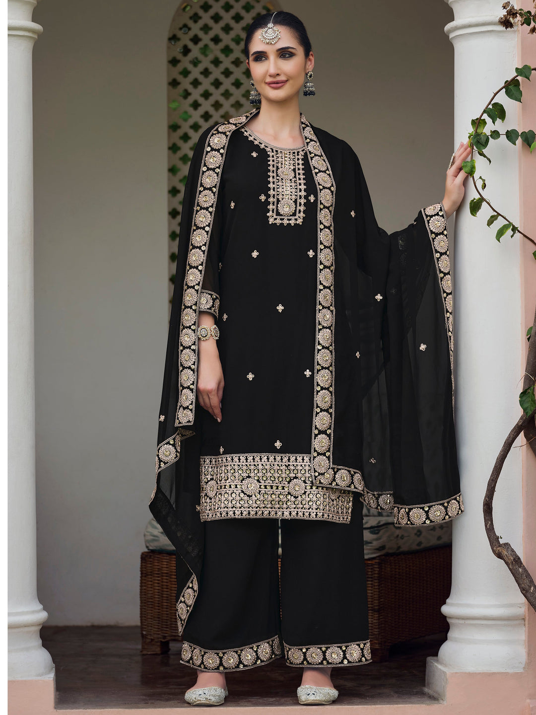 Alluring Black Embroidered Georgette Palazzo Suit With Dupatta