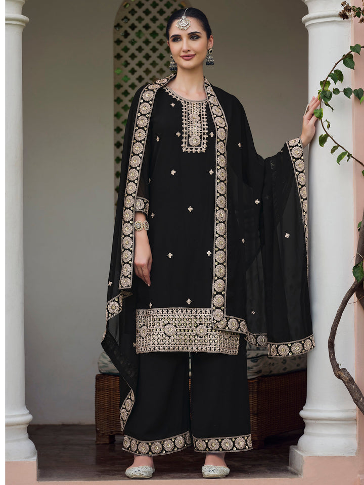 Alluring Black Embroidered Georgette Palazzo Suit With Dupatta