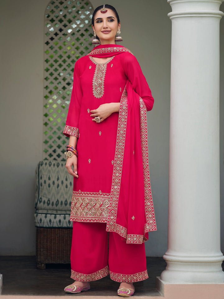 Captivating Pink Embroidered Georgette Function Wear Palazzo Suit