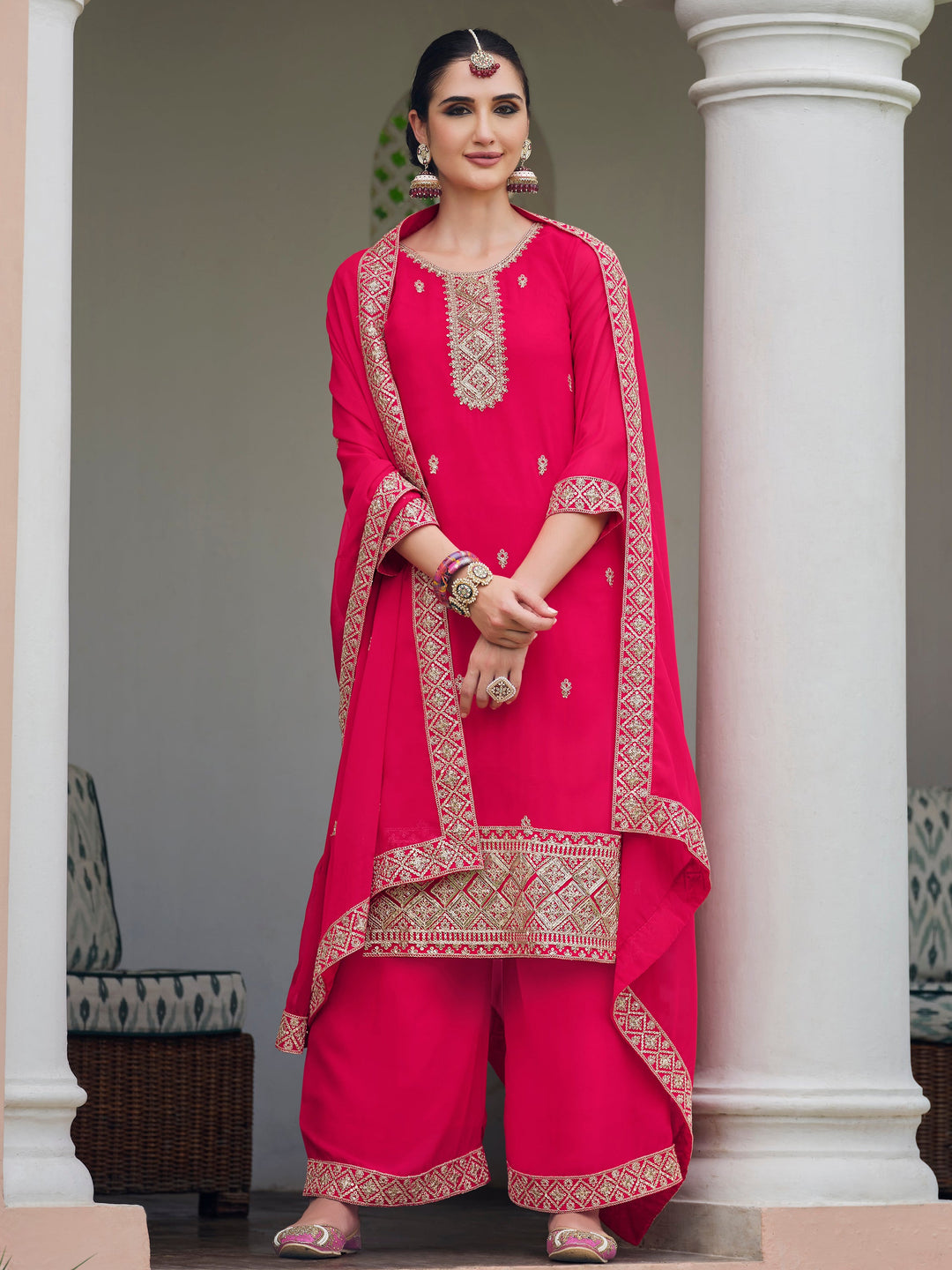 Captivating Pink Embroidered Georgette Function Wear Palazzo Suit