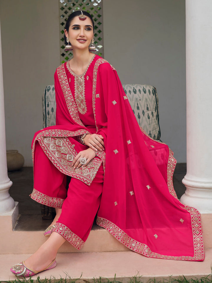 Captivating Pink Embroidered Georgette Function Wear Palazzo Suit