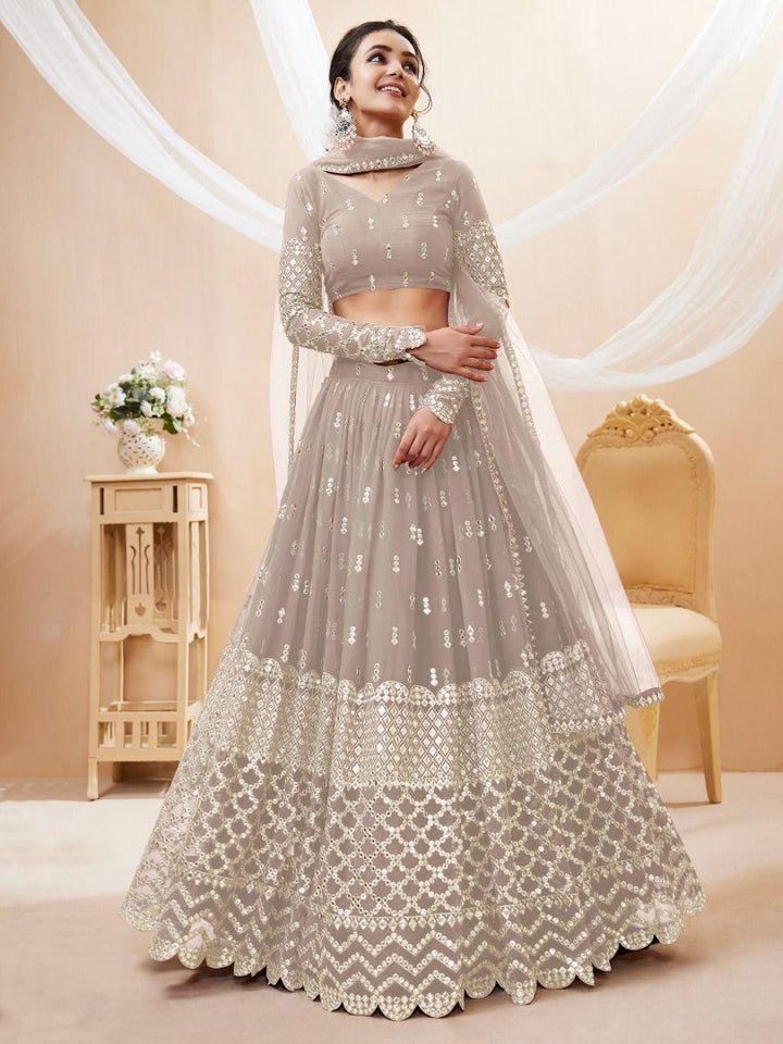 Grey Georgette Lehenga Choli with Soft Net Dupatta | Sequins & Zari Lace Work