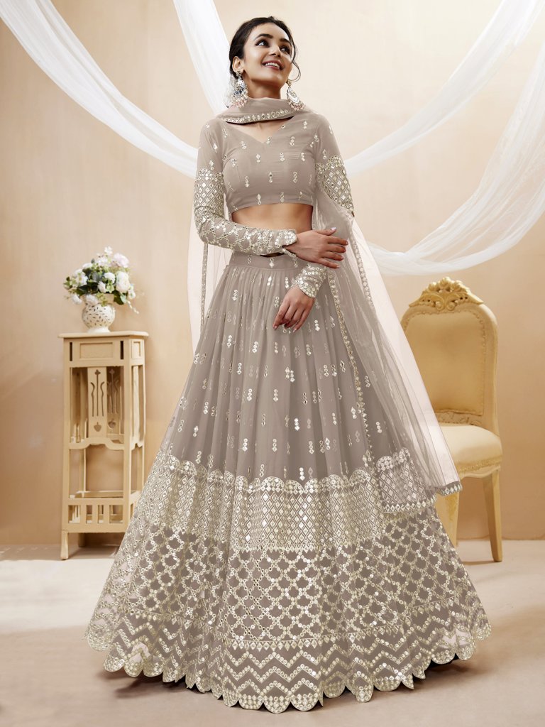 Traditional grey georgette lehenga set with sequins and zari work, perfect for elegant weddings and celebrations.