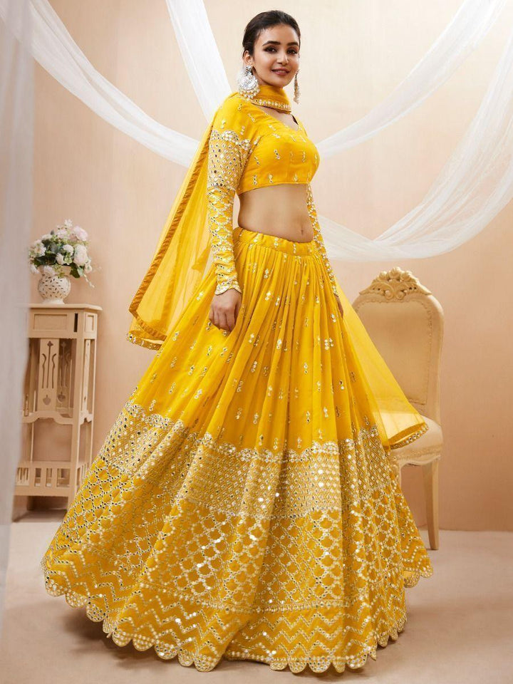 Vibrant Yellow Georgette Lehenga Choli for Haldi | Sequin & Zari Embellishments