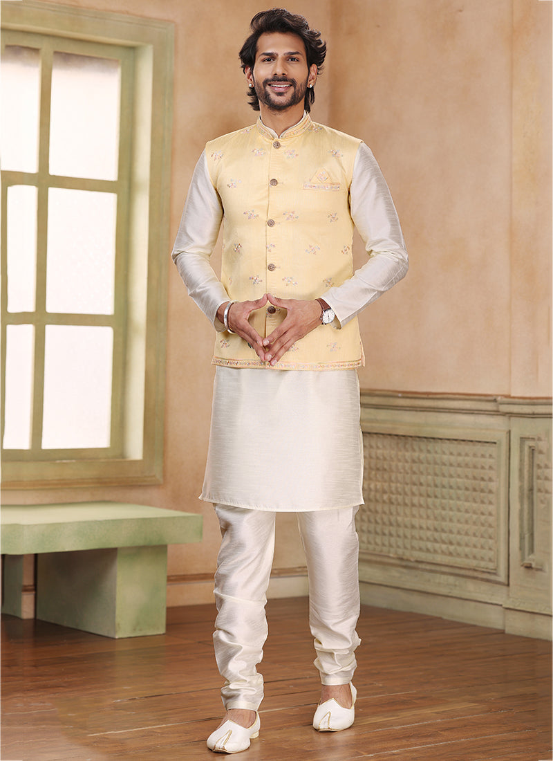 Stylish Cream  Banarasi silk Kurta Pajama With jacket | A Must-Have for Exclusive Festive Wardrobes