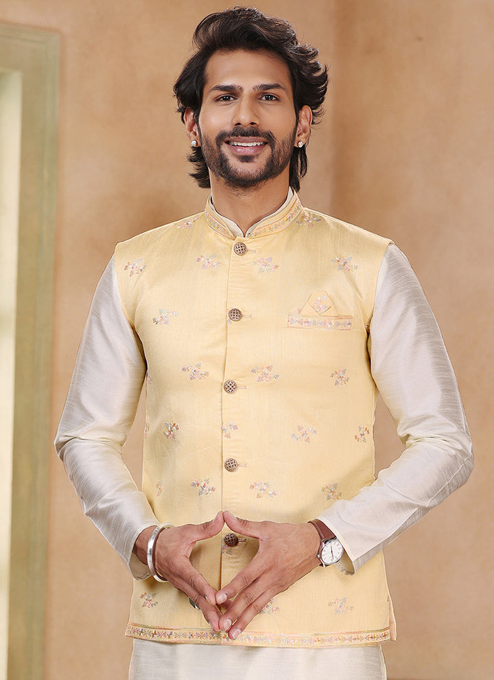 Stylish Cream  Banarasi silk Kurta Pajama With jacket | A Must-Have for Exclusive Festive Wardrobes