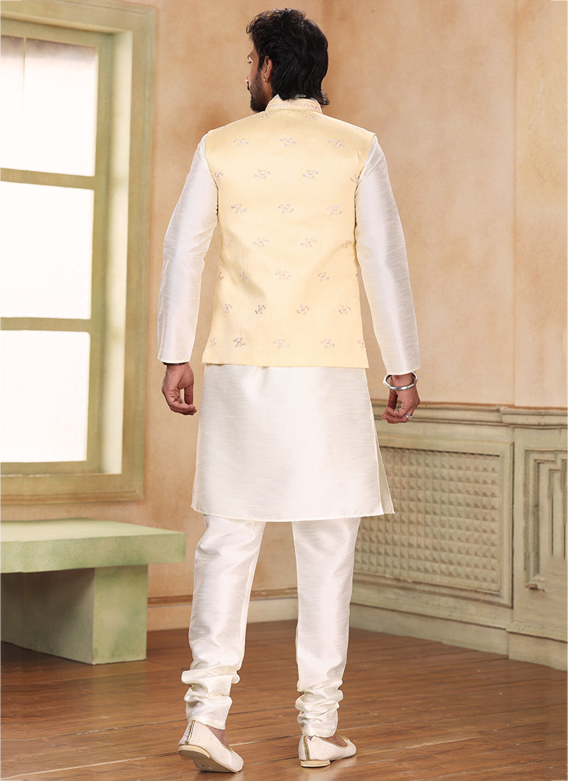 Stylish Cream  Banarasi silk Kurta Pajama With jacket | A Must-Have for Exclusive Festive Wardrobes