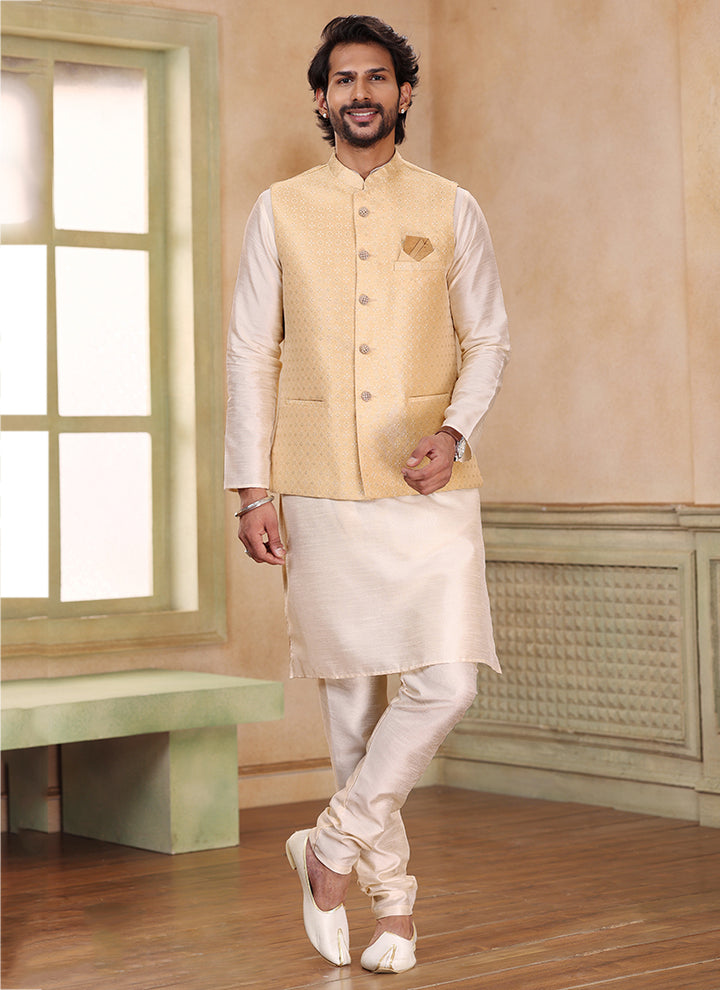 Elite Regal Banarasi silk Beige Kurta Pajama Jacket | Symbolizing Elegance & Luxury in Every Detail