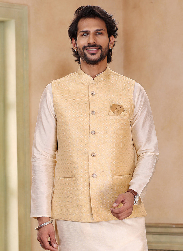 Elite Regal Banarasi silk Beige Kurta Pajama Jacket | Symbolizing Elegance & Luxury in Every Detail