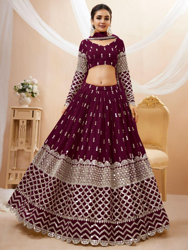 Exquisite Wine Georgette Lehenga Choli | Zari and Sequin Detail with Matching Dupatta