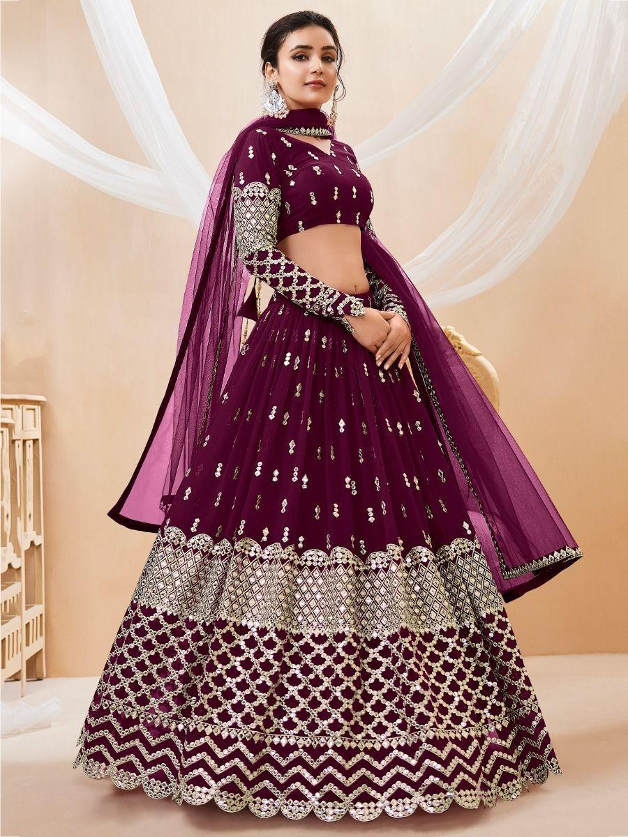 Exquisite Wine Georgette Lehenga Choli | Zari and Sequin Detail with Matching Dupatta