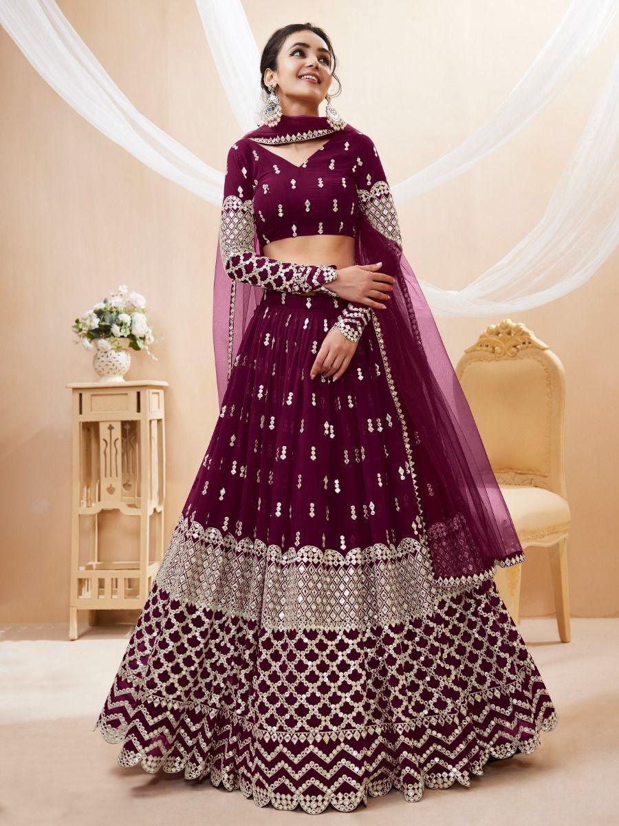 Exquisite Wine Georgette Lehenga Choli | Zari and Sequin Detail with Matching Dupatta