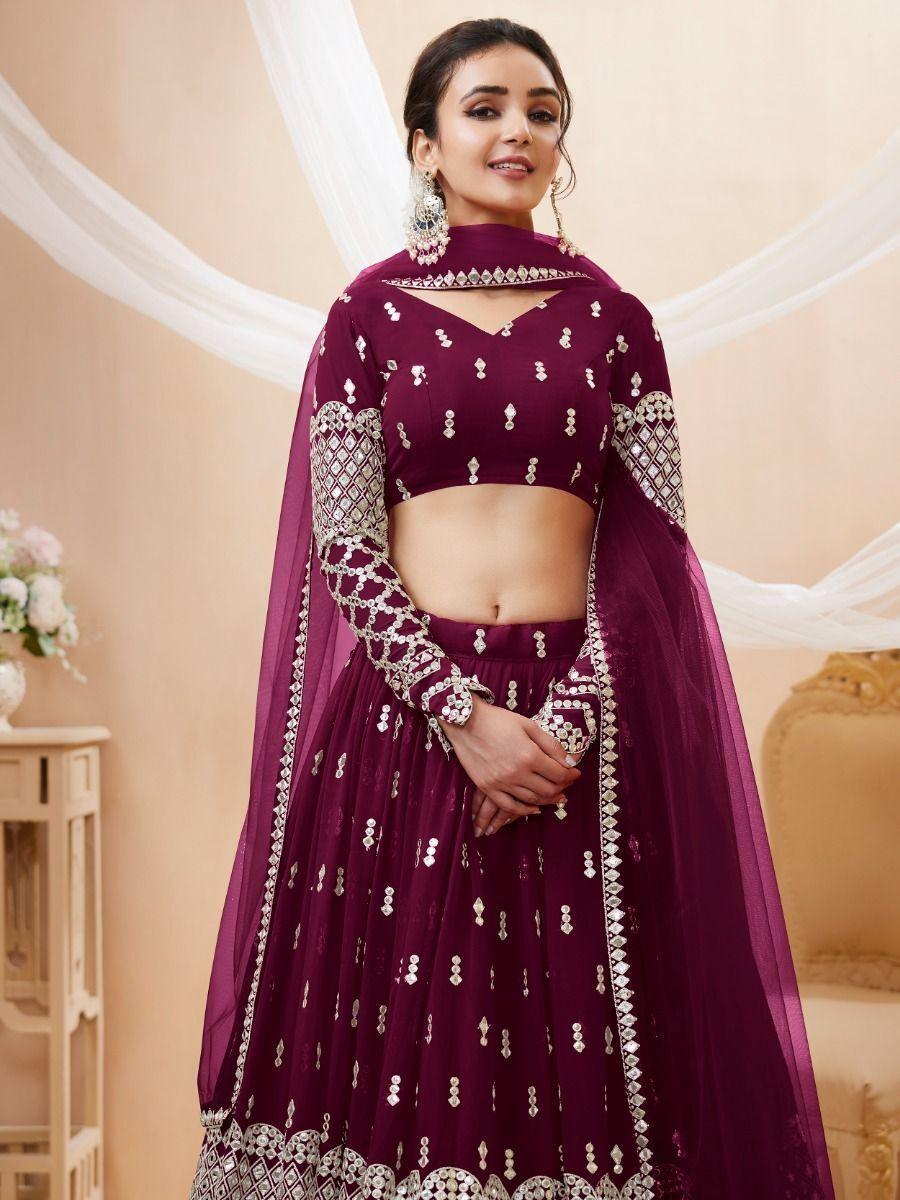 Exquisite Wine Georgette Lehenga Choli | Zari and Sequin Detail with Matching Dupatta