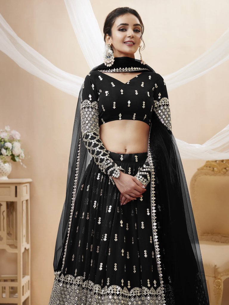 Elegant black georgette lehenga with sequins and zari embroidery, perfect for evening celebrations.