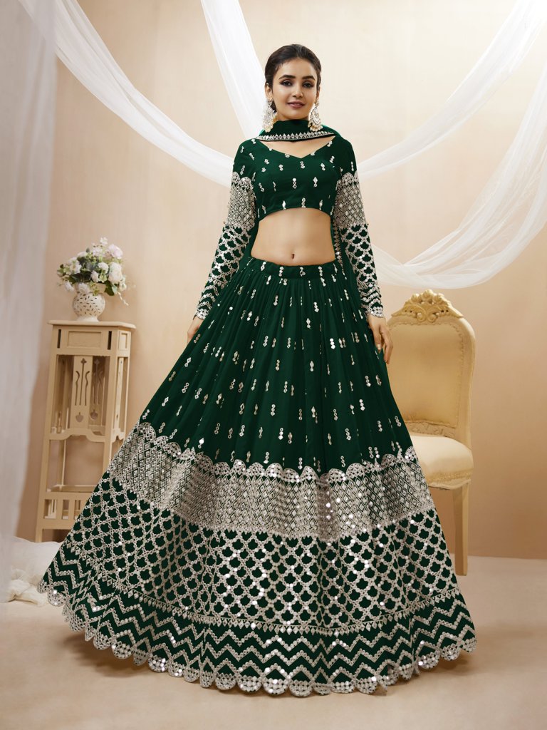 Gorgeous green georgette lehenga choli set with intricate sequins and zari work, perfect for weddings.