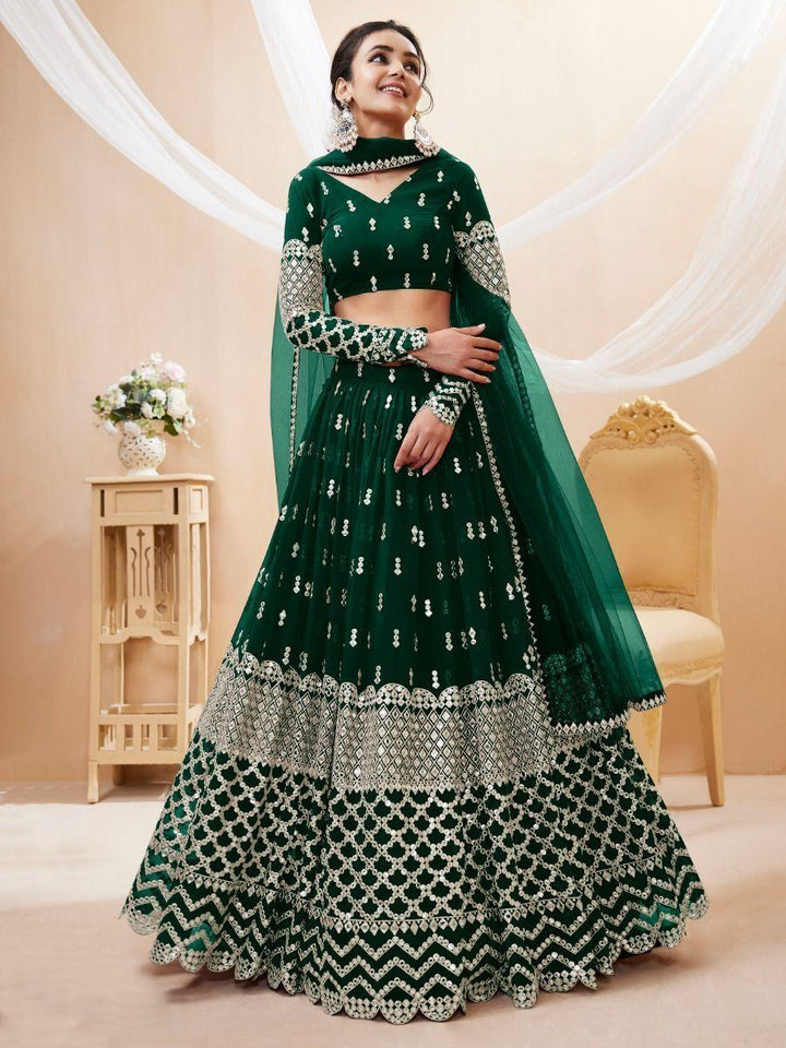 Classic Green Lehenga | Georgette with Zari and Sequin Lace Dupatta