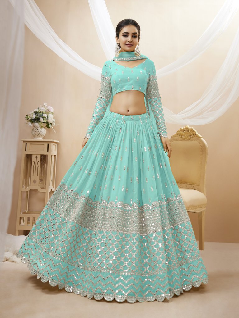 Elegant sky-blue georgette lehenga choli set with sequins and zari work, perfect for weddings and bridal wear.