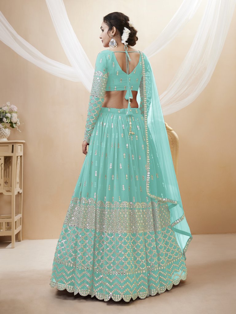 Gorgeous sky-blue georgette lehenga set with delicate sequins and zari work, perfect for cultural events.