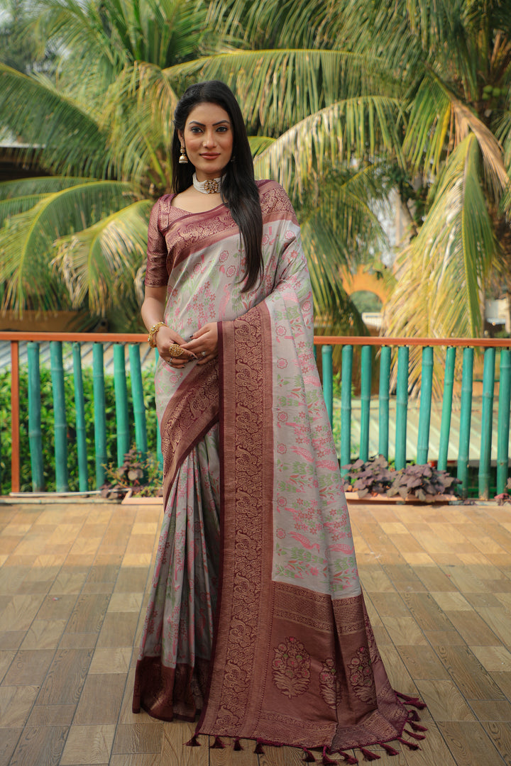 Stylish grey Kanjivaram soft silk saree with a heavy blouse, perfect for elegant celebrations and traditional wear.