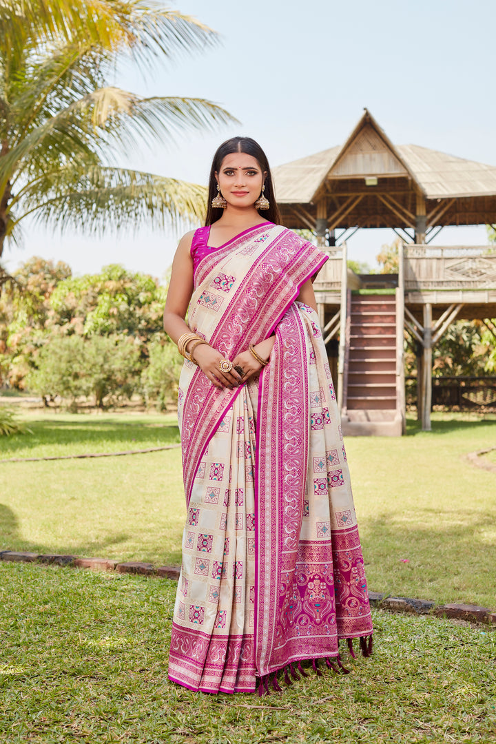 Luxurious pale-pink Kanjivaram soft silk saree with delicate designer borders and traditional detailing.