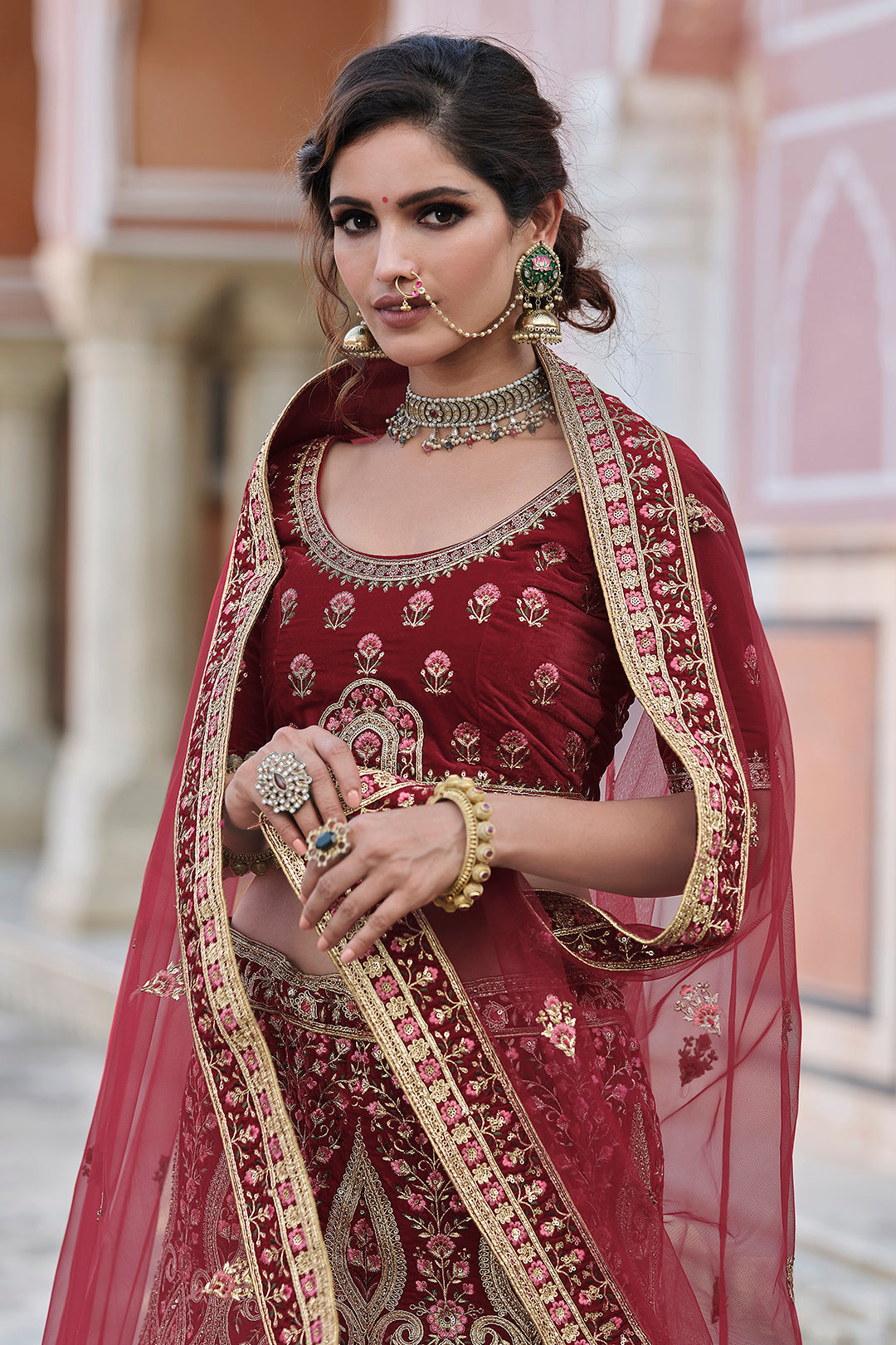 Wedding Wear Bridal Lehenga for Women | Embroidered Velvet Lehenga