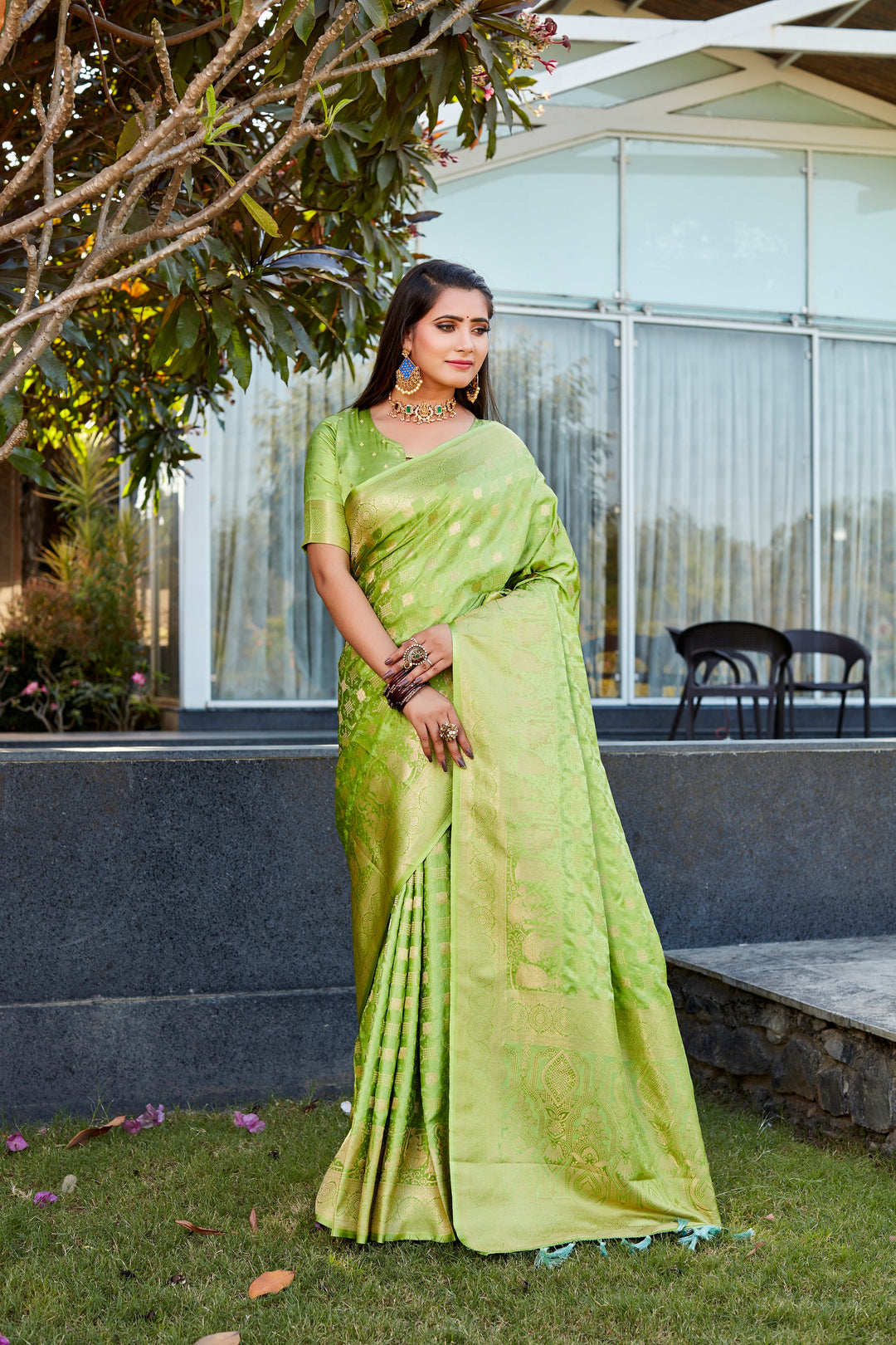 Elegant Light-Green Satin Silk Wedding Saree with dual weave and beautiful pallu, perfect for traditional wear.