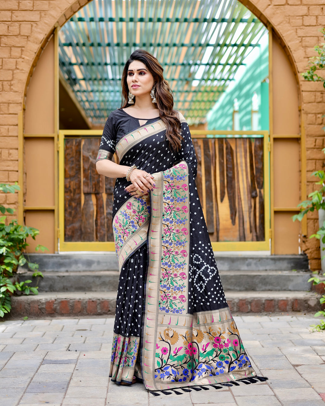 Black Bandhej Paithani silk saree with a zari woven Paithani border and rich pallu, adding an elegant touch to your celebrations.