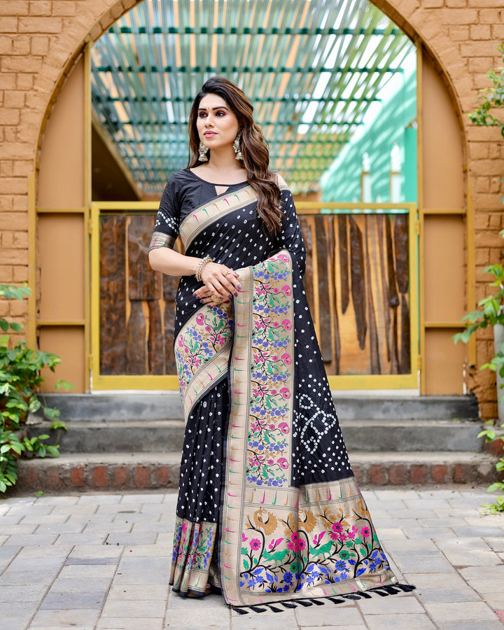 Black Bandhej Paithani silk saree with a zari woven Paithani border and rich pallu, adding an elegant touch to your celebrations.