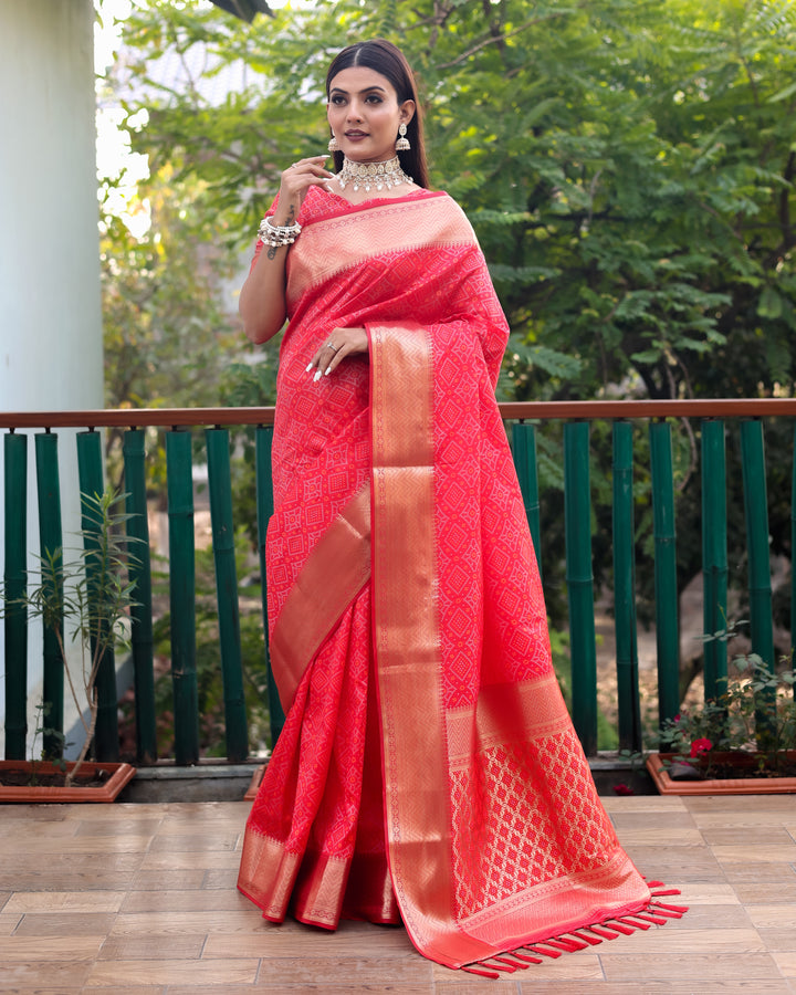 Lightweight and soft red saree with all-over zari weaving, blending comfort and style for festive wear.