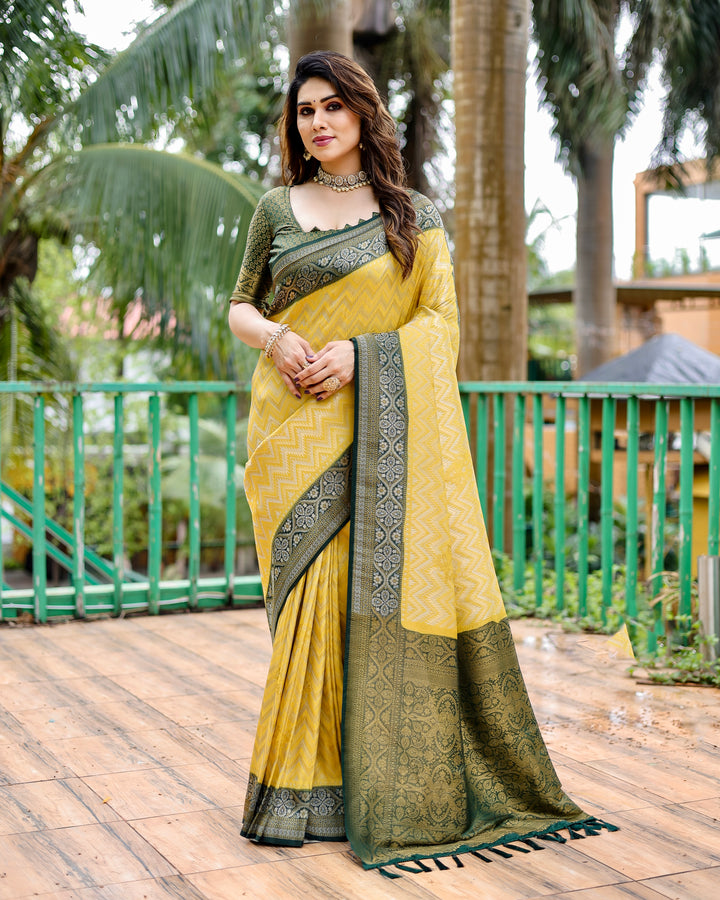 Yellow Pure Kanjivaram Saree with intricate Leheriya design and heavy border, perfect for traditional events.