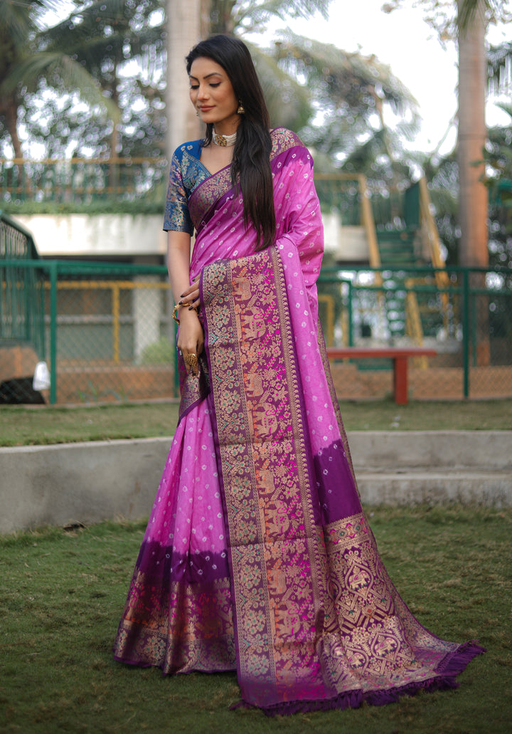 Purple Bandhej Silk Saree with exquisite Kanjivaram border and Minakari pallu, perfect for special occasions.