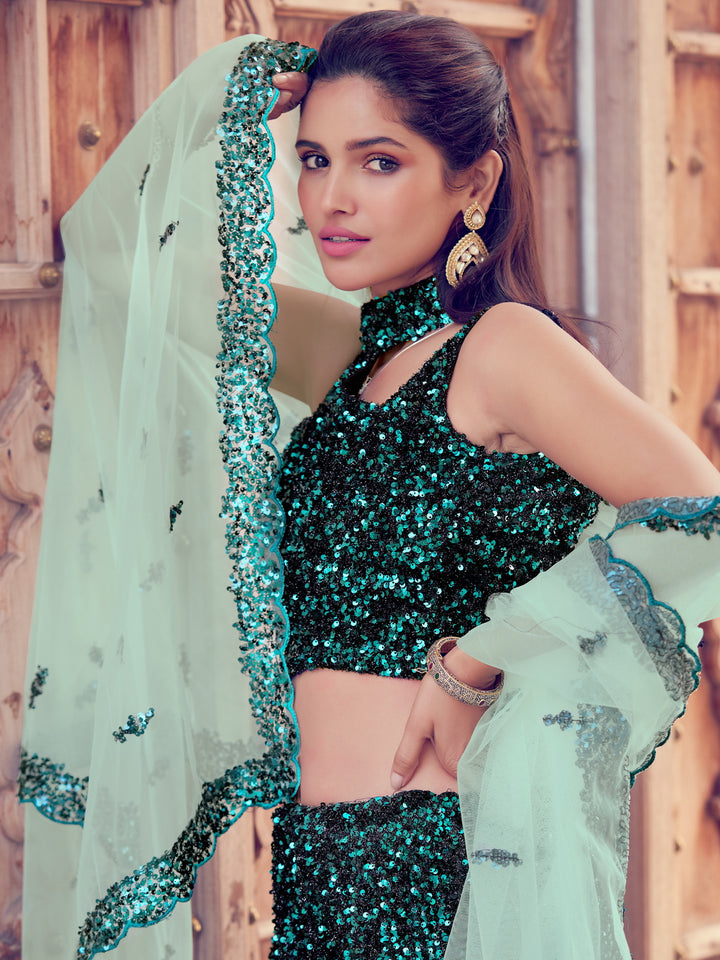 Black & Green Sequin Lehenga for Women | Party Wear Lehenga Choli