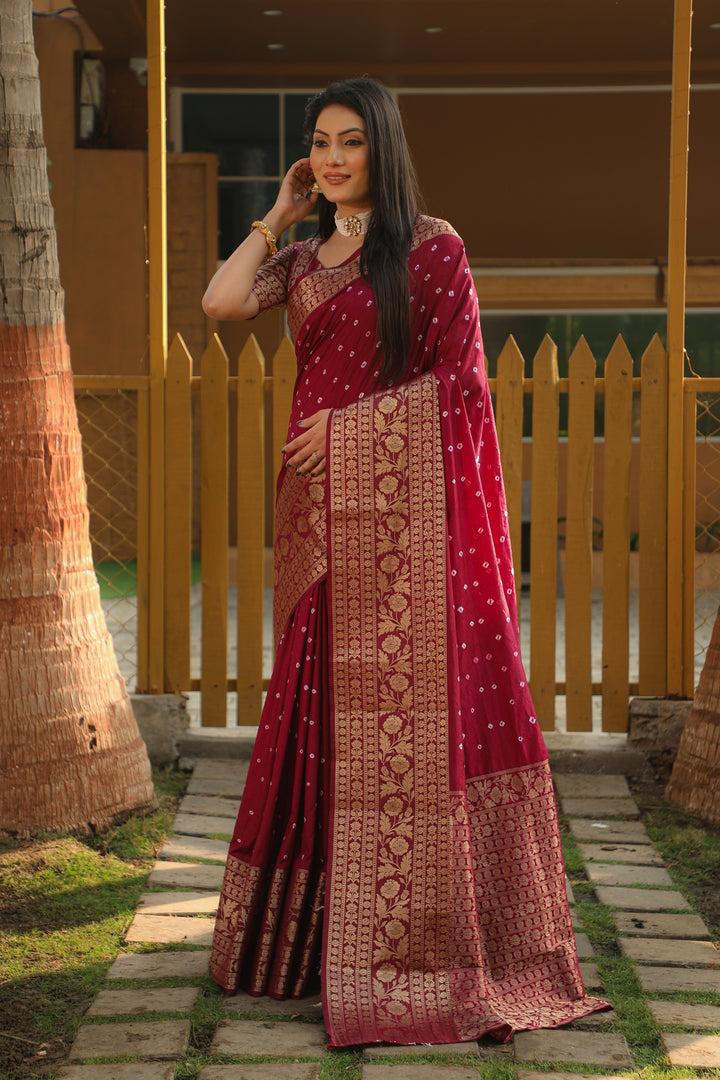 Beautiful bright red Bandhej Kanjivaram silk saree with exquisite zari weaving and a richly woven pallu, perfect for cultural and wedding events.