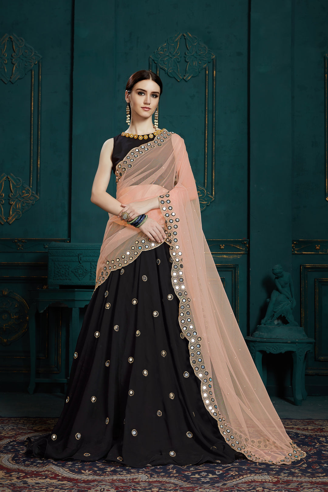 Black Georgette Lehenga | Mirror Work & Sequins for Party & Wedding