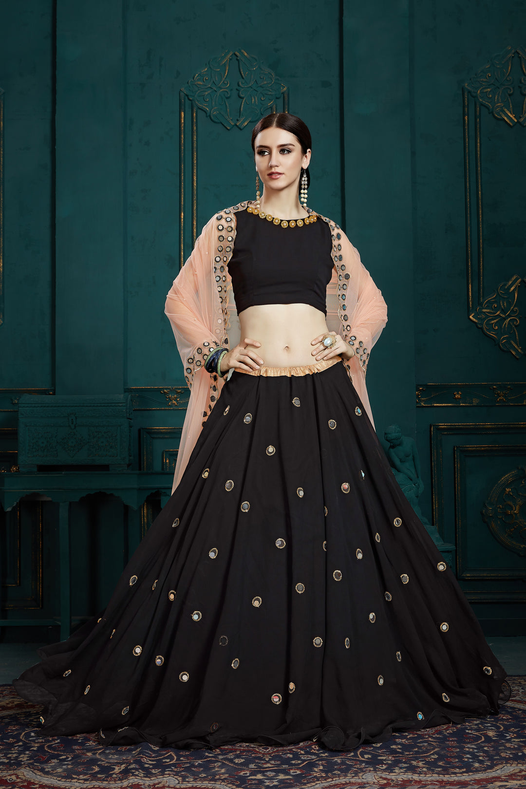 Black Georgette Lehenga | Mirror Work & Sequins for Party & Wedding