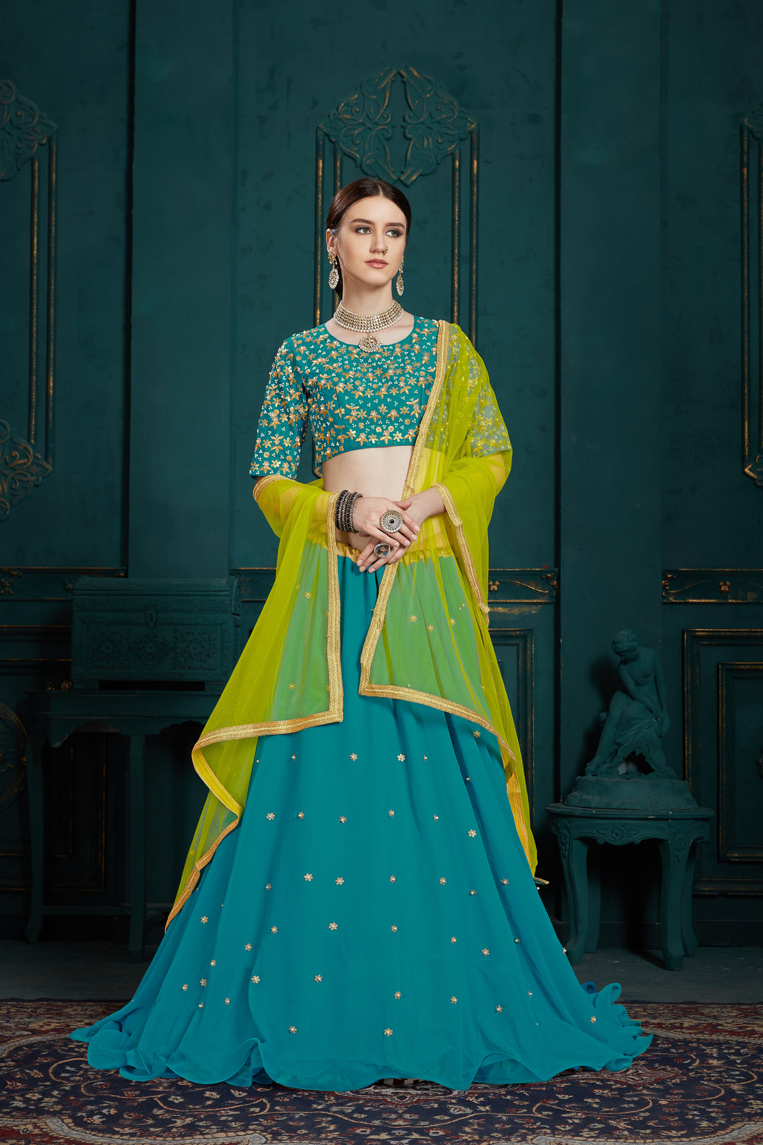 Elegant Wedding Lehenga for Women | Teal Blue Georgette Choli Set