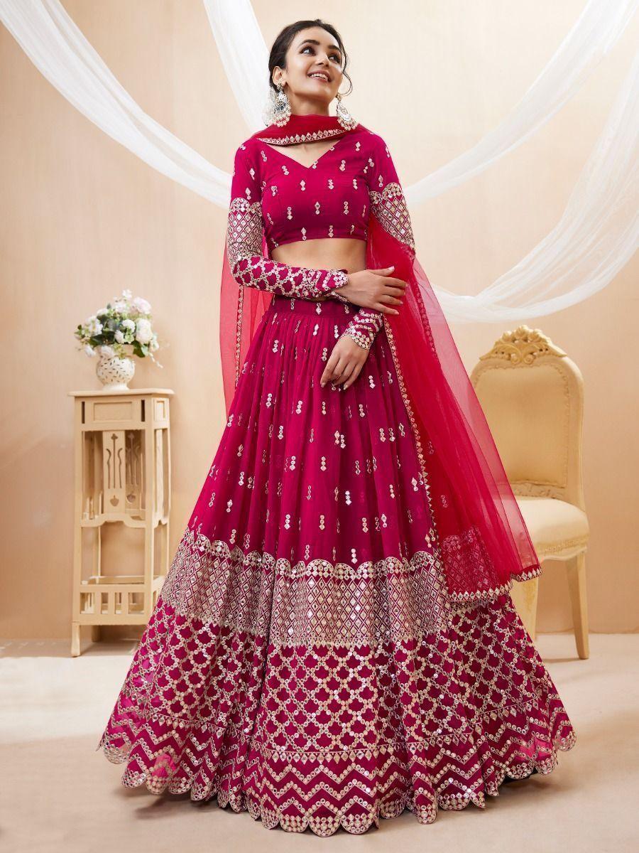 Hot Pink Georgette Lehenga | Zari & Sequin Embroidery Choli