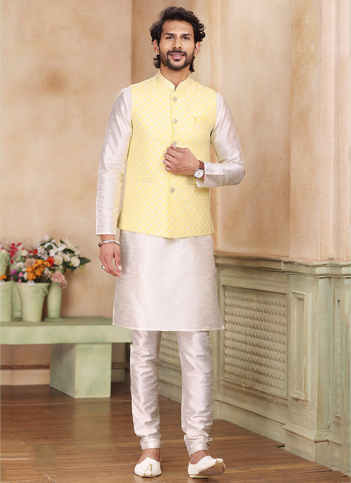 Yellow Fusion Banarasi silk Premium Kurta Pajama Jacket | Enriched with Fine Embroidery & Graceful Aesthetic