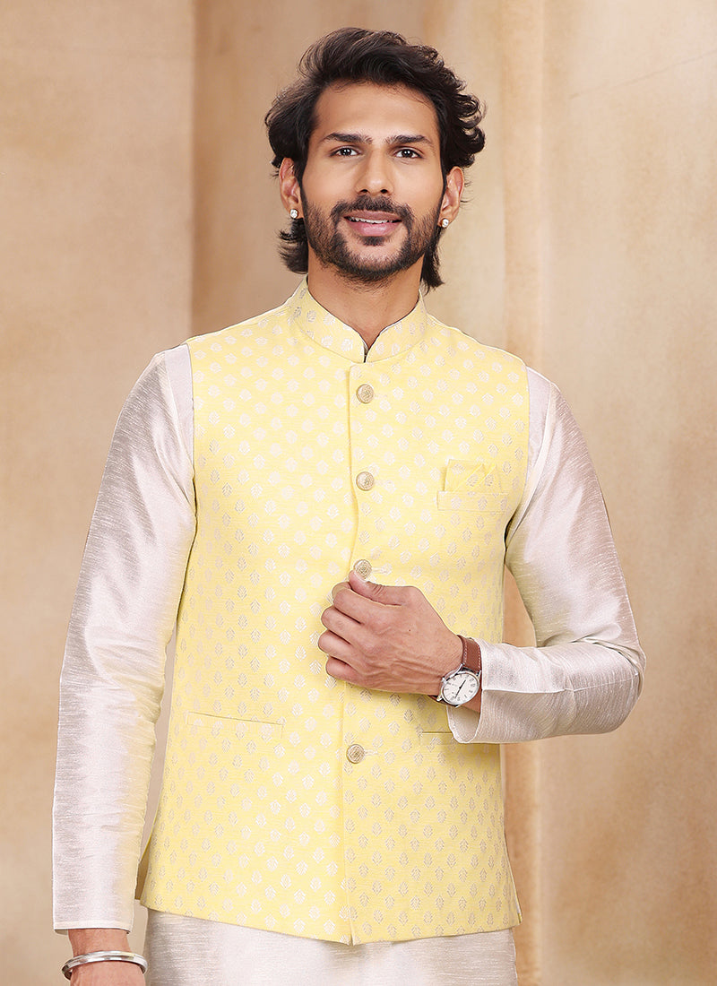 Yellow Fusion Banarasi silk Premium Kurta Pajama Jacket | Enriched with Fine Embroidery & Graceful Aesthetic