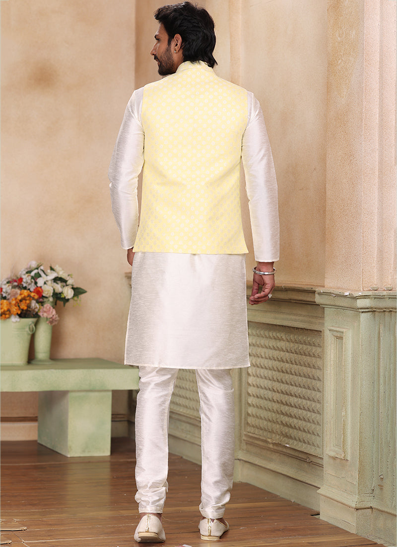 Yellow Fusion Banarasi silk Premium Kurta Pajama Jacket | Enriched with Fine Embroidery & Graceful Aesthetic