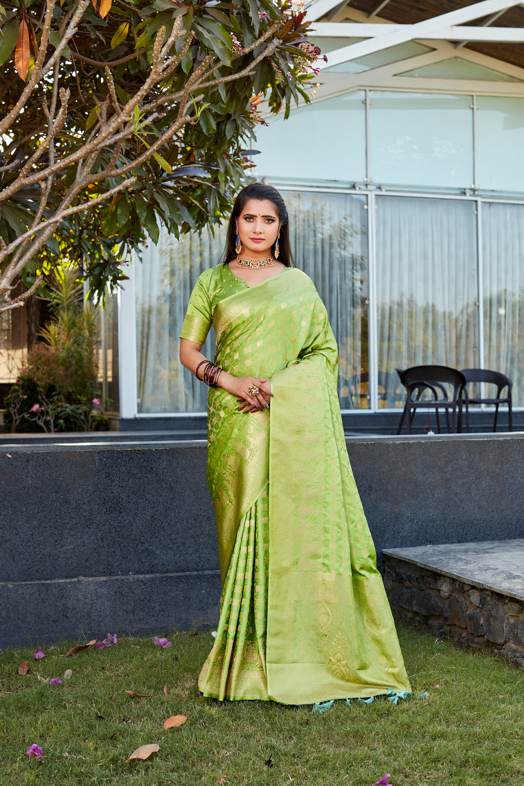 Light-Green Premium Satin Silk Saree with dual weave and elegant pallu for weddings and special events.