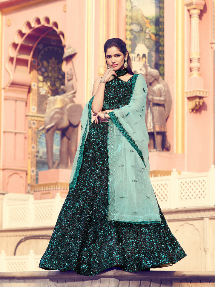 Black & Green Sequin Lehenga for Women | Party Wear Lehenga Choli