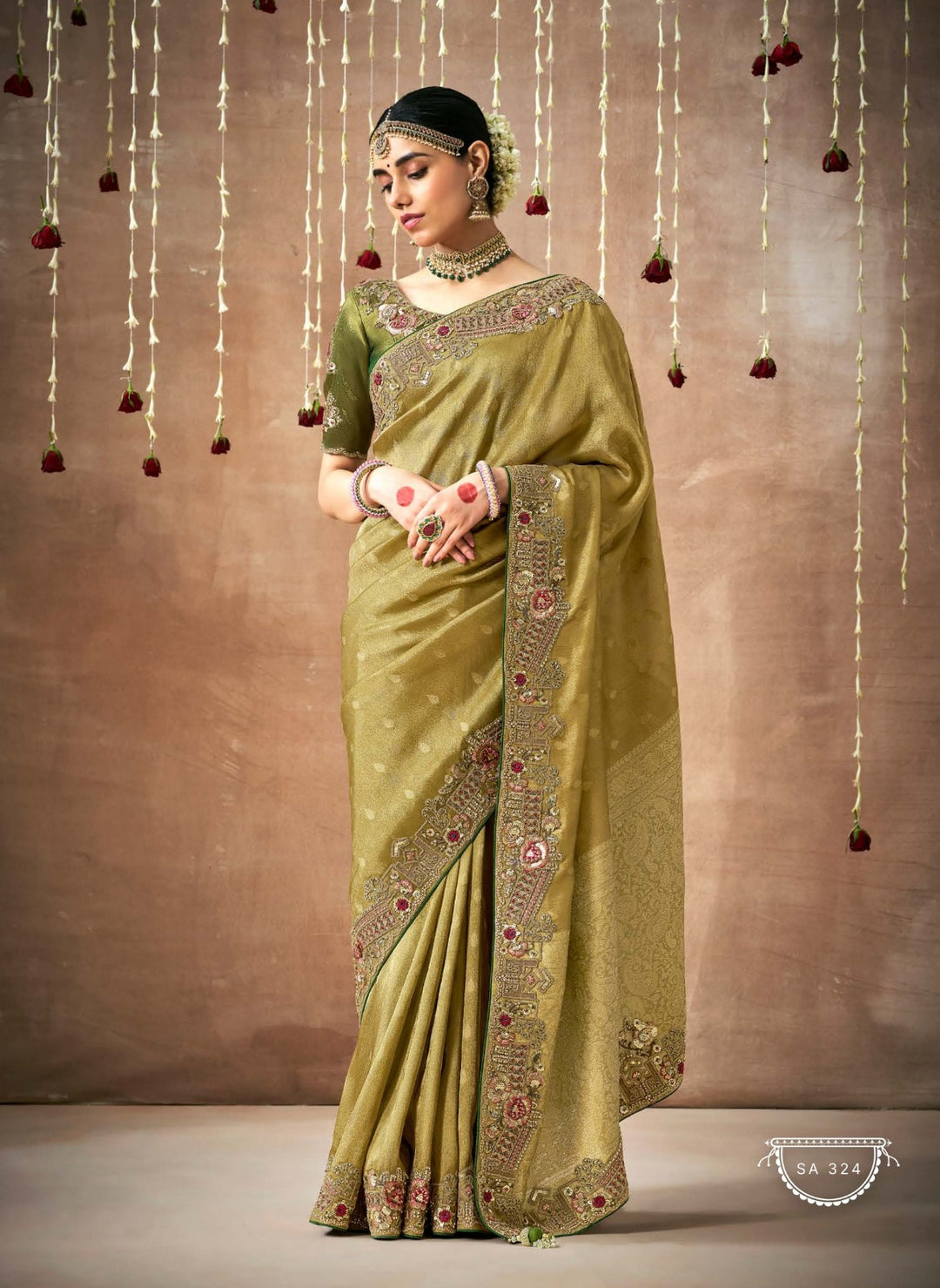 Rich Olive Green Banarasi Tissue Silk Saree | Traditional Zari Boota Work for Sadi