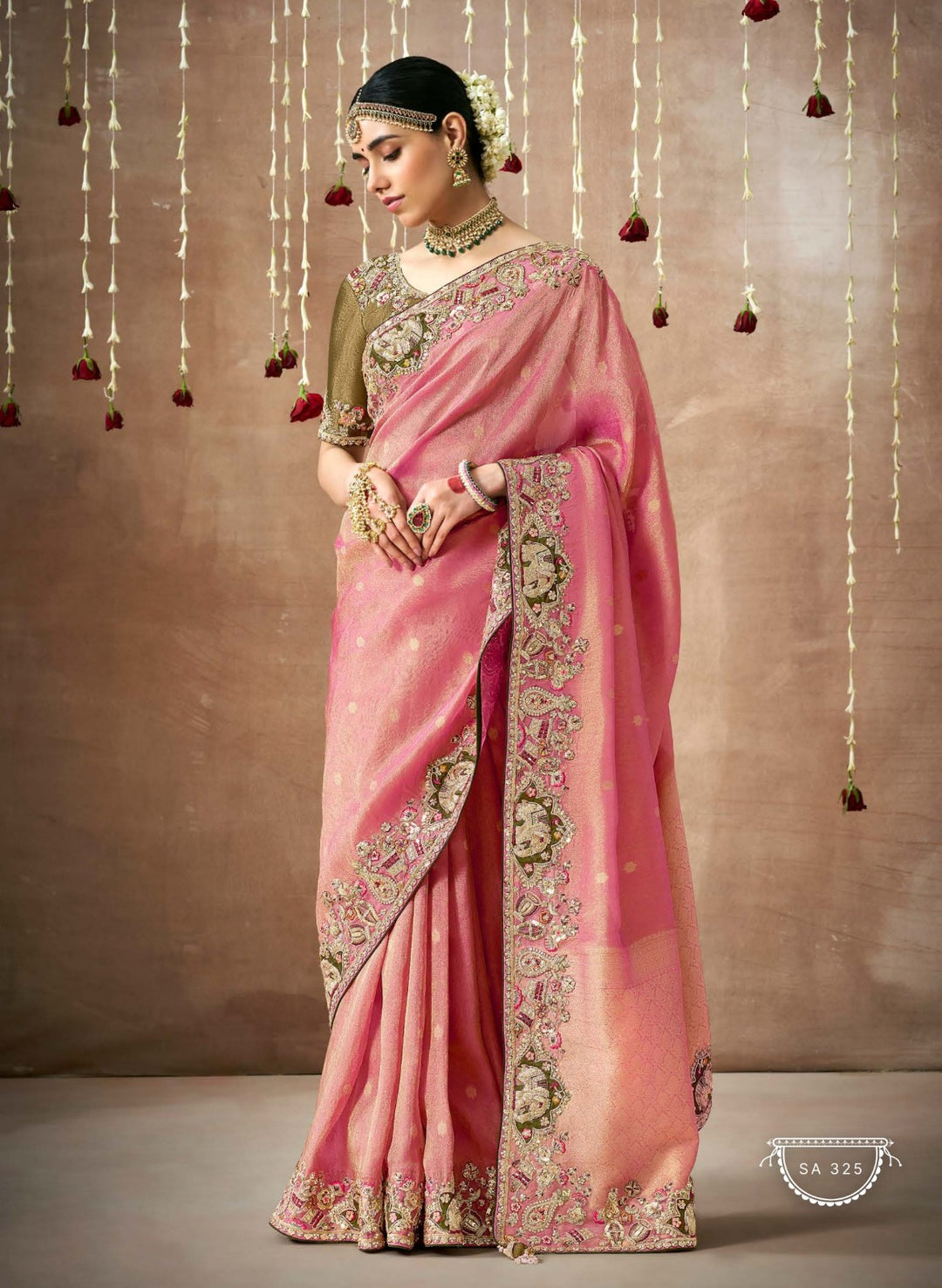 Radiant Pink Banarasi Tissue Silk Saree | Gold Zari Embroidery for Wedding Indian Saree