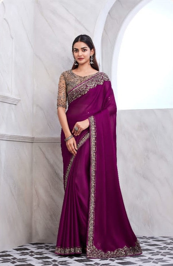 Purple Wine Chiffon Silk Saree | Intricate Embroidery Sadi for Parties