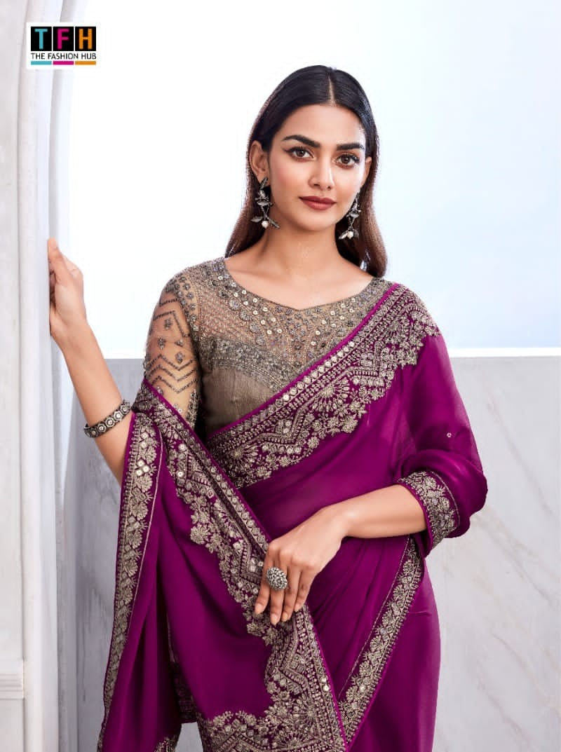 Purple Wine Chiffon Silk Saree | Intricate Embroidery Sadi for Parties