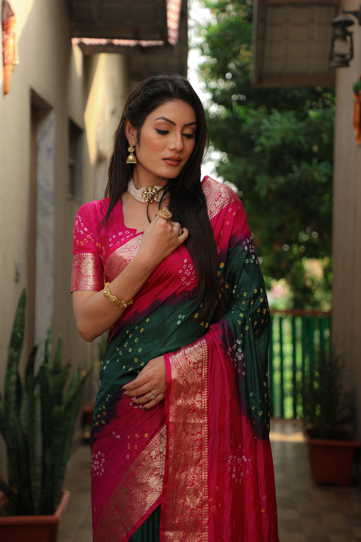 Beautiful purple Bandhej Tapeta saree, ideal for weddings or any cultural event.