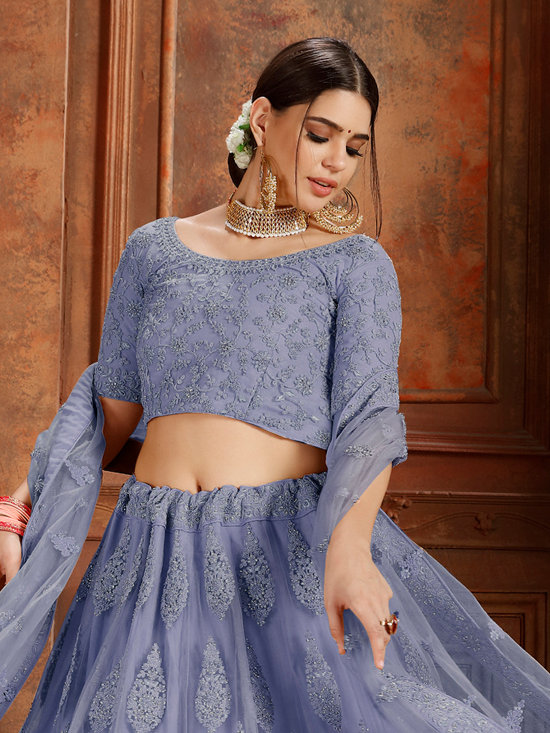 Embroidered Flared Lehenga Choli with Dupatta | Soft Net Bridal Lehenga