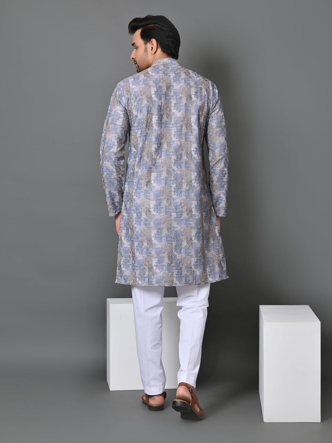 Abstract Grey Cotton Blend Kurta Set | Stand Collar Full Sleeves Fusion Wear